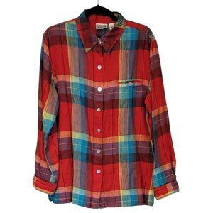 Chico's 100% Linen Red Plaid Long Over-sized Button Front Shirt Size L NWOT NEW
